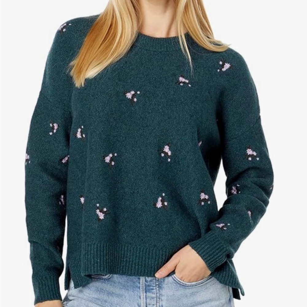 Madewell Dark Teal Floral Crew Neck Embroidered Sweater oversized XS
